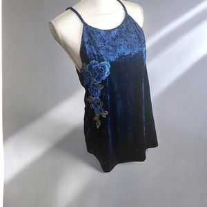 Blue Velvet Rounded‎ Halter Neck  Floral Detail Tank